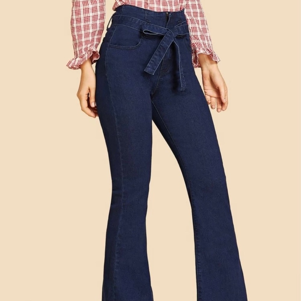 High waisted tie waist flare leg jeans